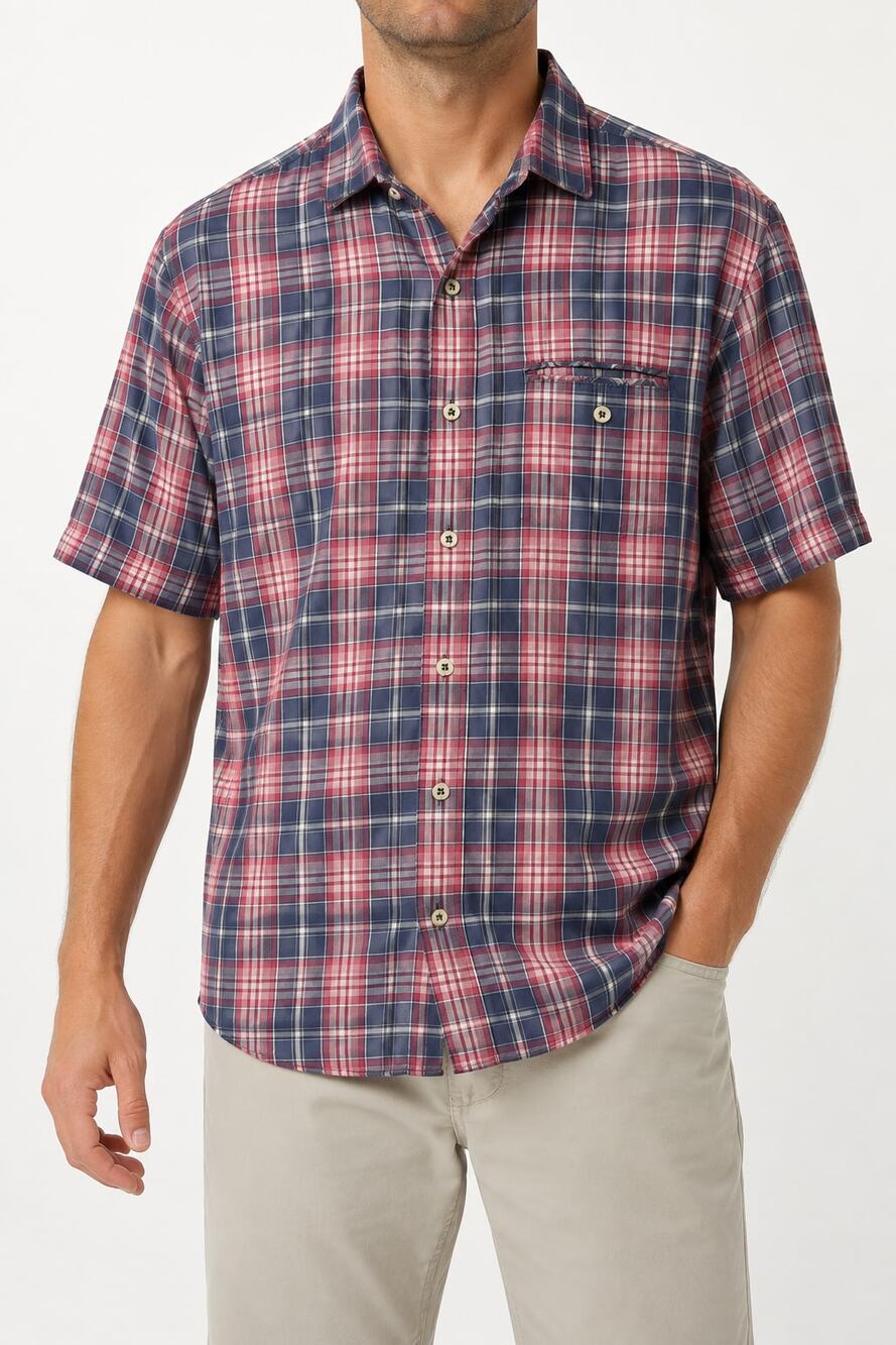 Tommy Bahama Jeans Men's Island Crafted 100% Cotton Plaid Shirt Short Sleeve Lg